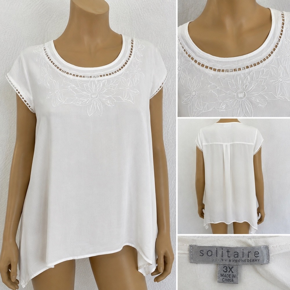 Solitaire Blouse NWT Womens 3X White Embroidered Sharkbite Hem  Cottagecore BOHO